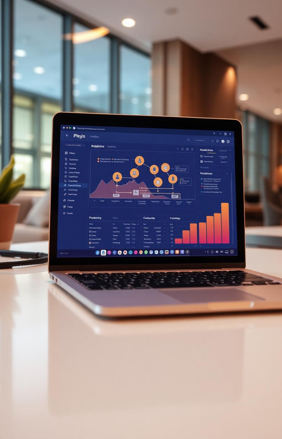 Laptop mit Analyse-Dashboard und Architekturdiagramm