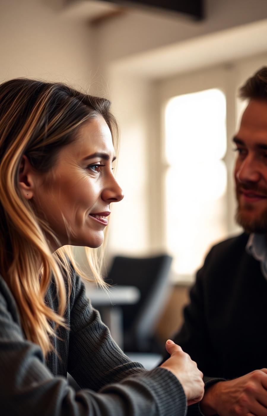 Nahaufnahme eines konzentrierten Zweiergesprächs im Coaching